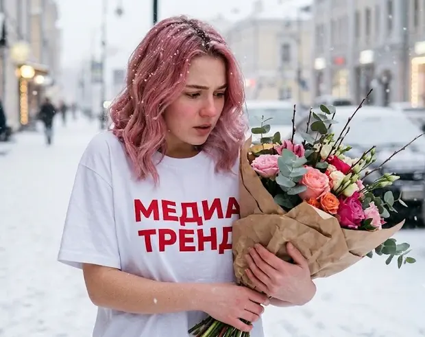 Девушка С Розовыми Волосами В Белой Футболке С Надписью «Медиатренд», Которая Держит Букет Цветов На Заснеженной Улице