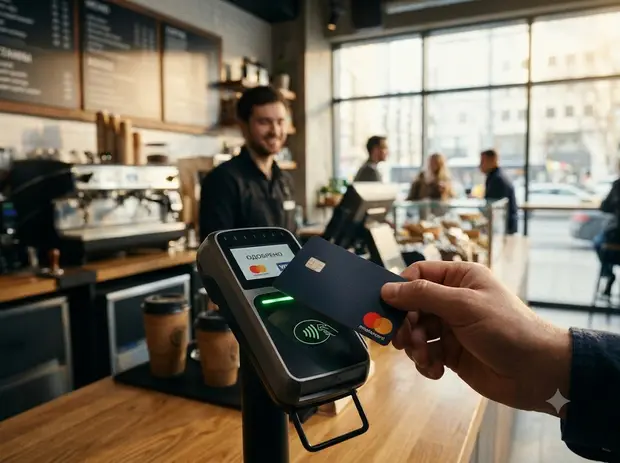 Платежи Ии-Агентов: Mastercard Испытала Систему С Coinbase И Base (3) Показан Процесс Бесконтактной Оплаты Банковской Картой С Помощью Pos-Терминала На Кассе В Кафе